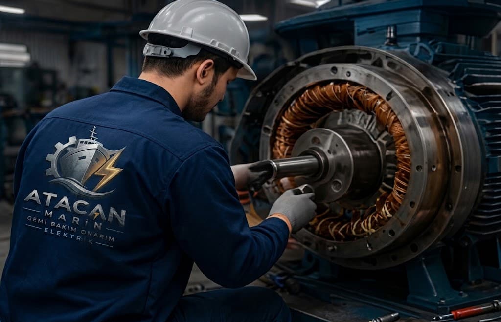 Atacan Marin teknik ekibi gemi elektrik motoru bakımı yaparken